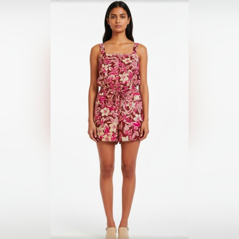 Nwt Belle Vele By Anthropologie Linen Blend Romper Multicolor Pockets Belt Sz 6